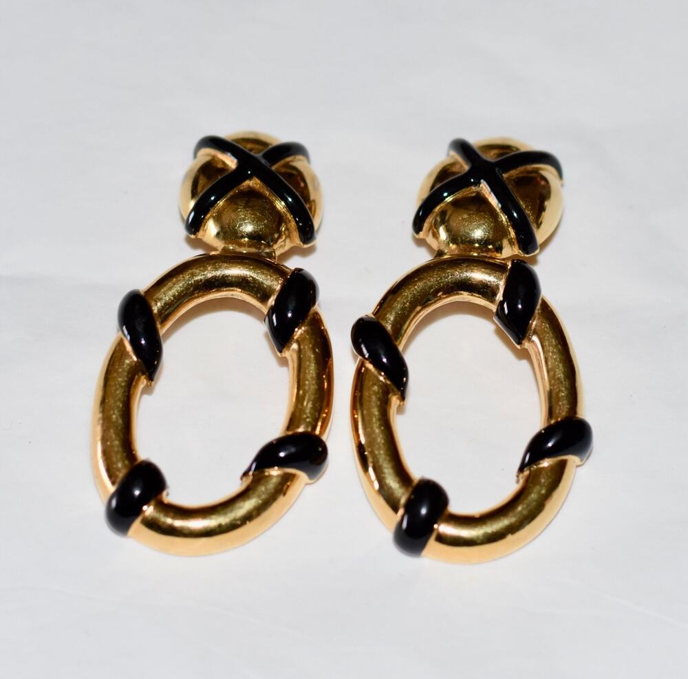 St. John Designer Logo Black & Gold Enamel Clip Earrings 1.25"